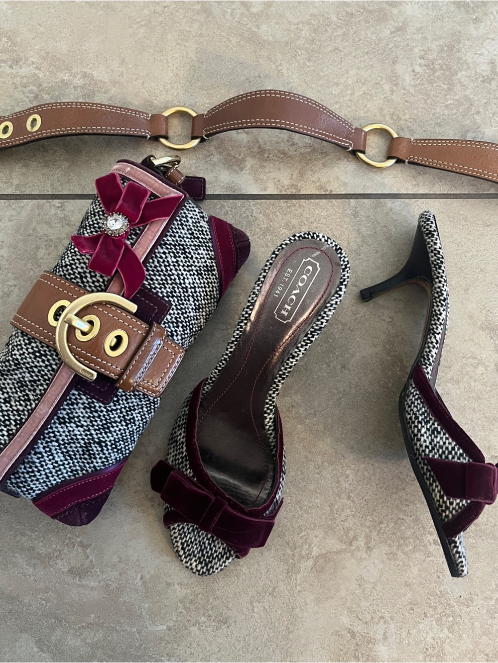 Vintage Coach SoHo tweed velvet shoulder bag and kitten heels set Y2K 8.5B bow